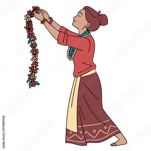 Nepali Woman in Traditional Dress Holding Flower Garland Vector Art. Perfect for: Tihar Festival, Nepali New Year, Cultural Ceremonies