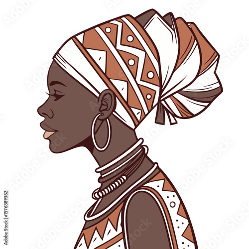 African Woman in Tribal Dress with Colorful Head Wrap Vector Illustration. Perfect for: African Liberation Day, Kwanzaa, Black History Month