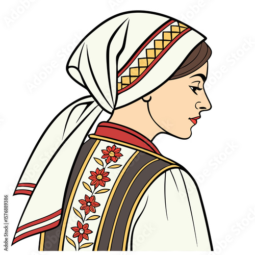 Armenian Woman in Embroidered Traditional Dress with Headscarf Vector. Perfect for: Vardavar Festival, Armenian Independence Day, Folk Culture Events