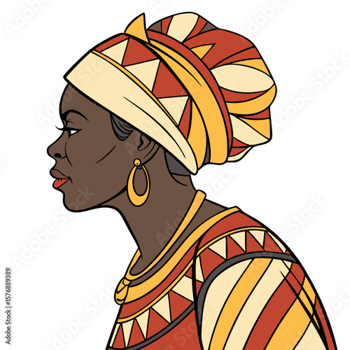 African Woman in Tribal Dress with Colorful Head Wrap Vector Illustration. Perfect for: African Liberation Day, Kwanzaa, Black History Month