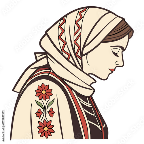 Armenian Woman in Embroidered Traditional Dress with Headscarf Vector. Perfect for: Vardavar Festival, Armenian Independence Day, Folk Culture Events