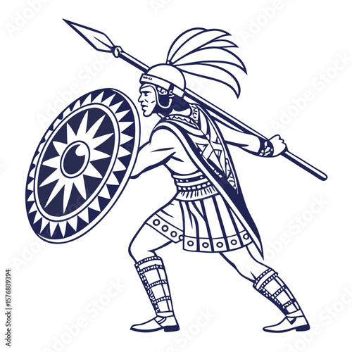 Aztec Warrior in Traditional Costume with Shield Vector Illustration. Perfect for: Día de la Raza, Aztec History Exhibitions, Indigenous Culture Day