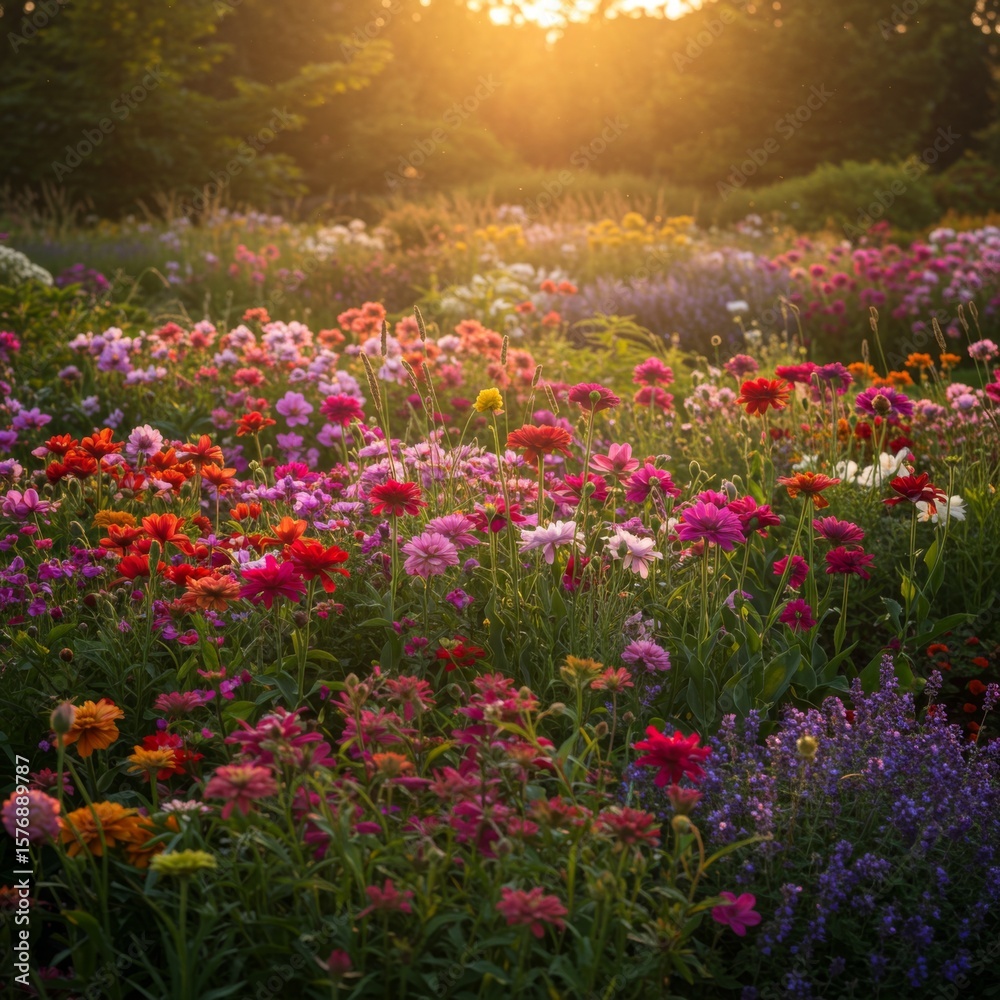 Fototapeta premium Vibrant Flower Garden at Sunset