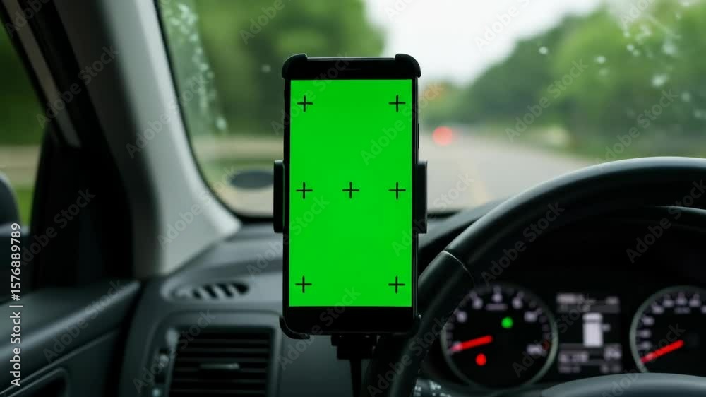 Smartphone with green screen in vehicle