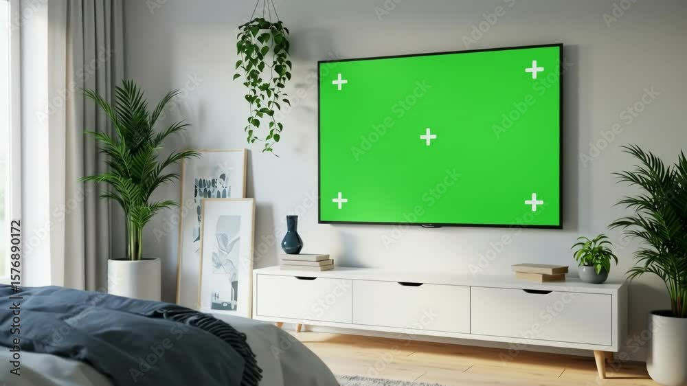 Modern bedroom with green screen tv