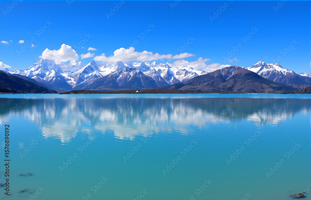 Naklejka premium Snow - capped Mountains and Lake Natural Scenery