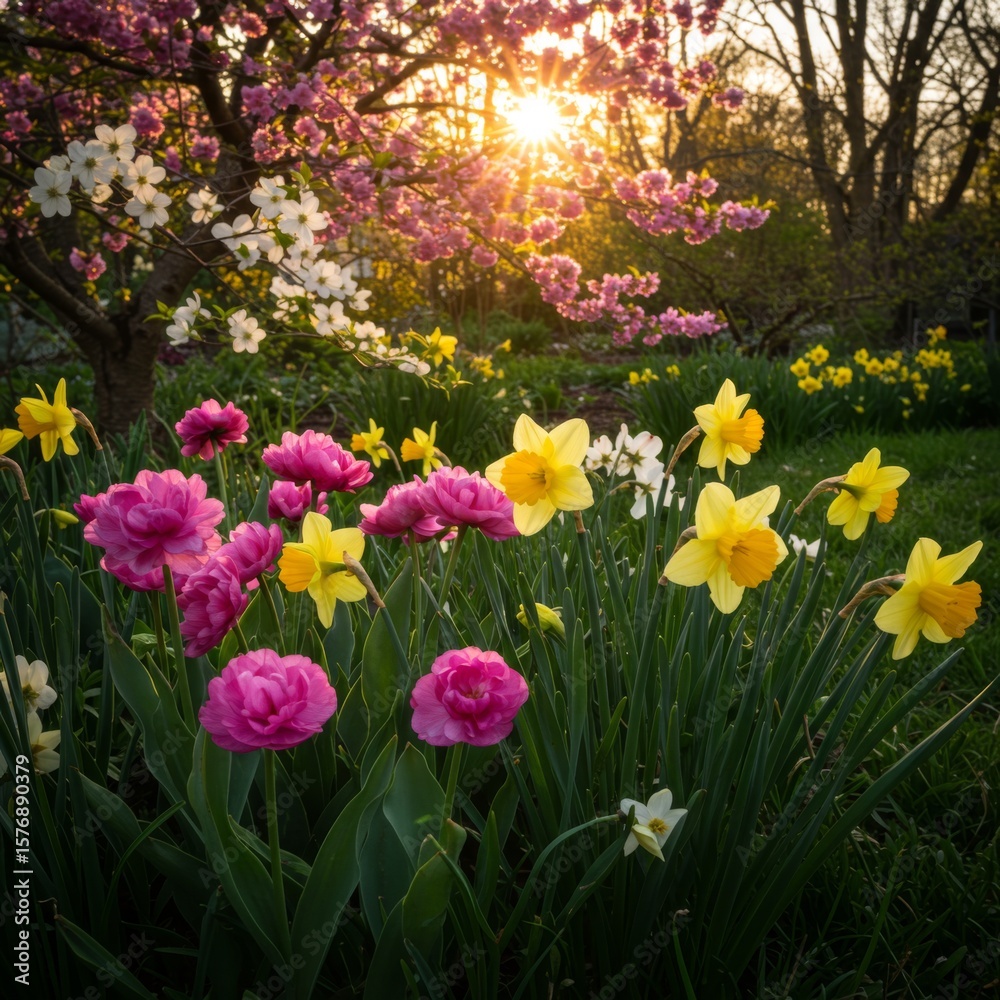 Fototapeta premium Vibrant Spring Garden at Sunset with Pink Peonies and Yellow Daffodils
