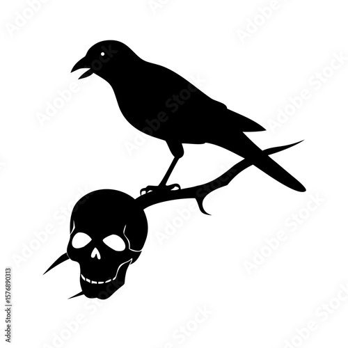 Black bird sitting on a dry branch skull Vector