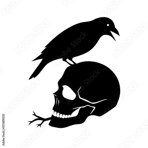 Black bird sitting on a dry branch skull Vector
