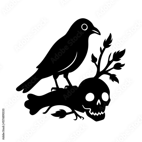 Black bird sitting on a dry branch skull Vector