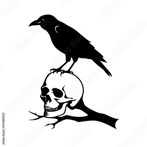 Black bird sitting on a dry branch skull Vector