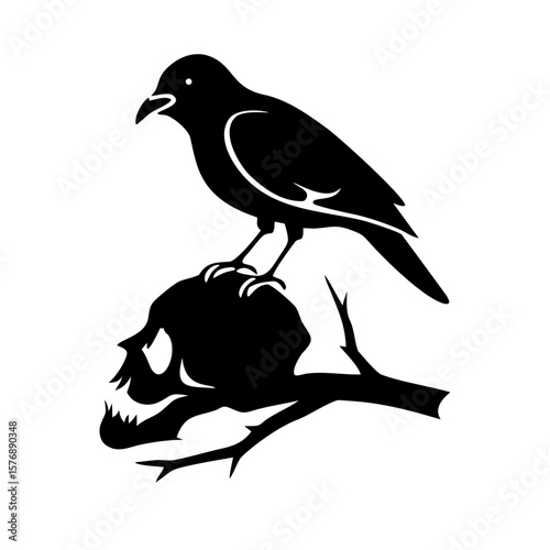 Black bird sitting on a dry branch skull Vector