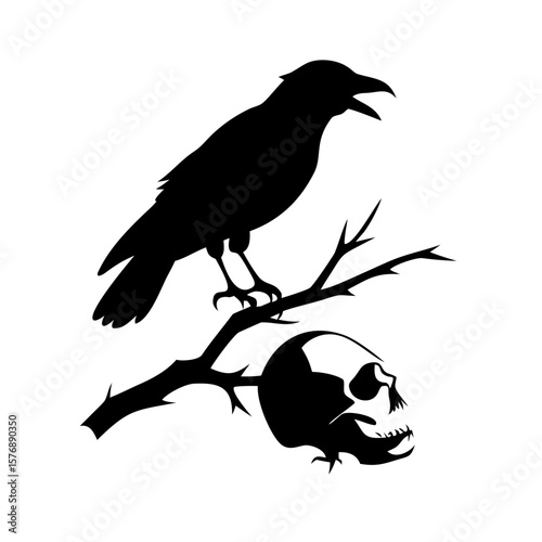 Black bird sitting on a dry branch skull Vector