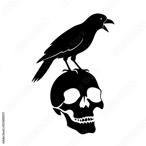 Black bird sitting on a dry branch skull Vector