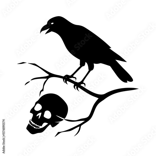Black bird sitting on a dry branch skull Vector