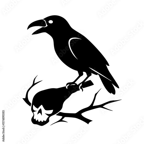 Black bird sitting on a dry branch skull Vector