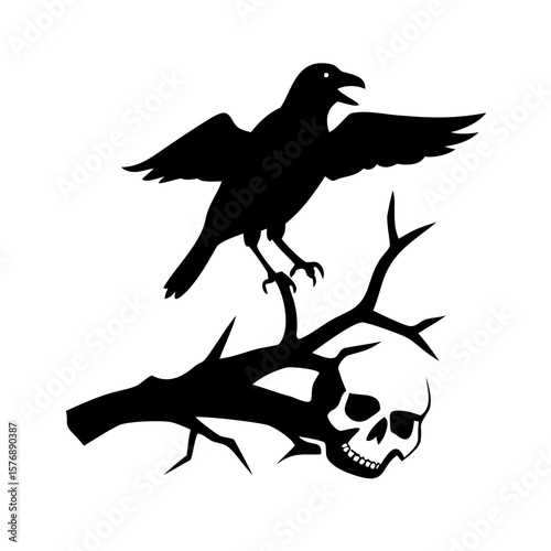 Black bird sitting on a dry branch skull Vector