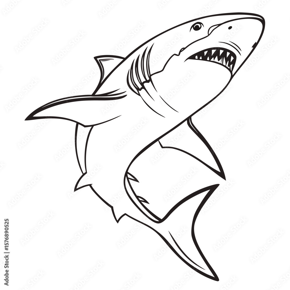 Fototapeta premium Hand Drawn Black Outline Shark Illustration White Background