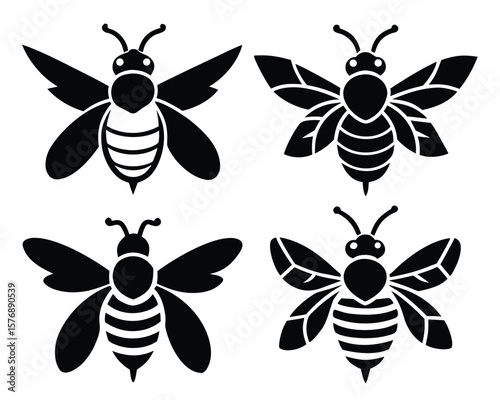 Black and white vector illustrations of four different bee silhouettes isolated on white background.