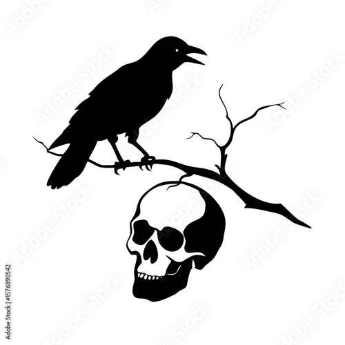 Black bird sitting on a dry branch skull Vector