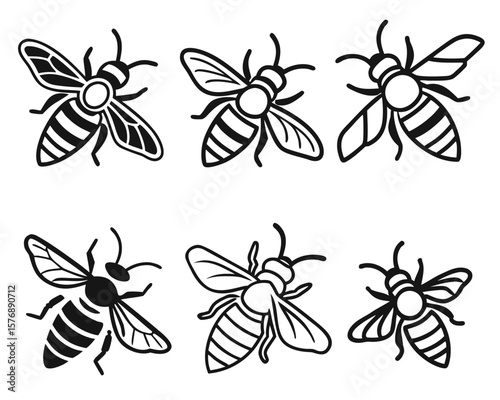 Collection of six decorative black and white honeybee insect illustrations isolated on white background.