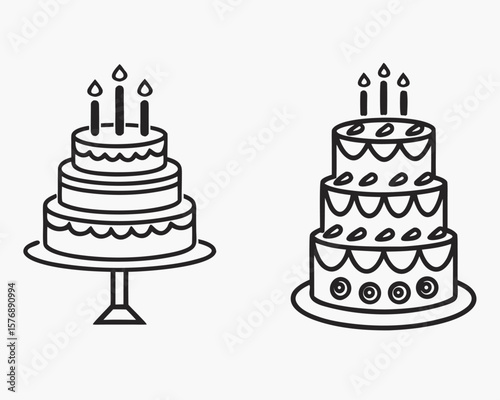 Two elegant three tiered birthday cakes with candles for celebratory events and special occasions.