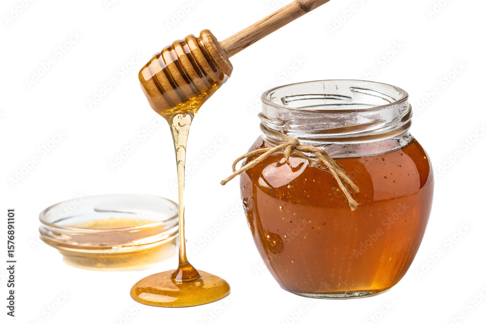 Honey drips from dipper near jar, sweet treat Honey drips from dipper near jar, sweet treat