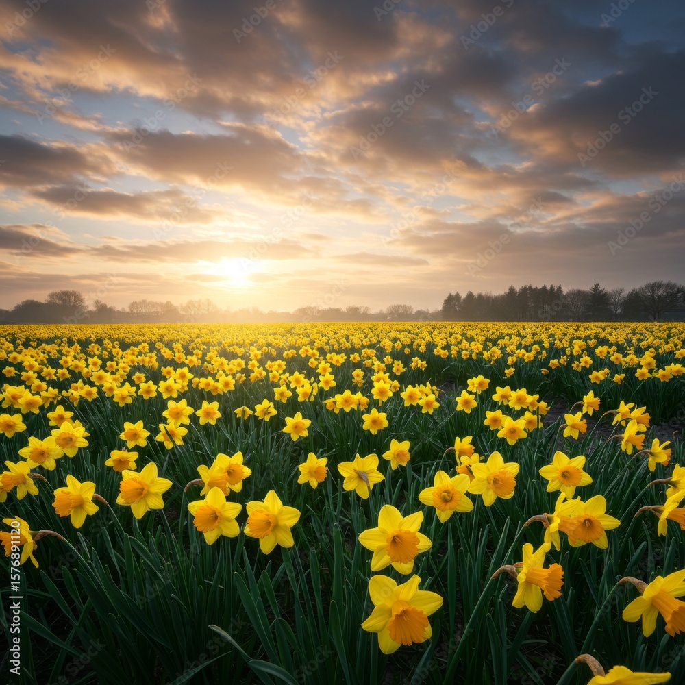 Obraz premium Vibrant Yellow Daffodil Field at Sunrise