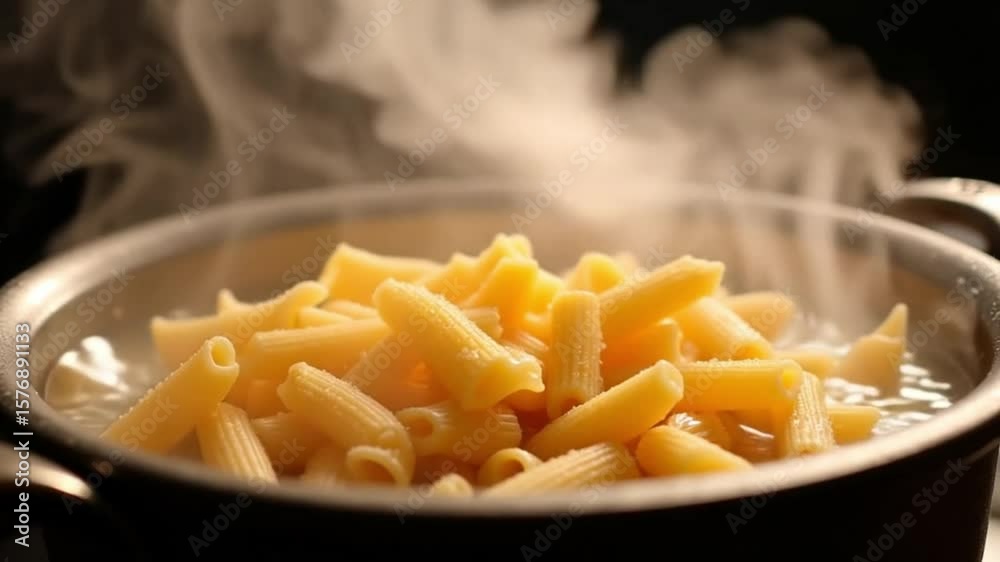 Penne pasta simmering in a pot of boiling water on a dark backdrop, steam rising is great for food promotions.