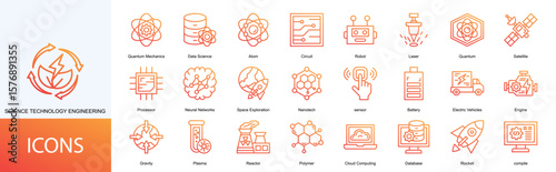 sciene technology engineering icon collection set. Containing Quantum Mechanics, Data Science, Atom, Circuit, Robot, Laser, Quantum, Satellite, Processor icon