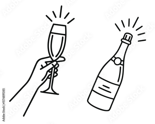 Celebration Champagne Toast Sparkling Wine Bottle Hand Drawn Vector