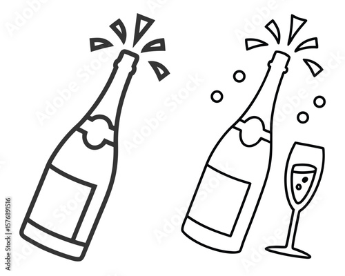 Outlined illustration of a champagne bottle popping open with a glass of bubbly celebration.