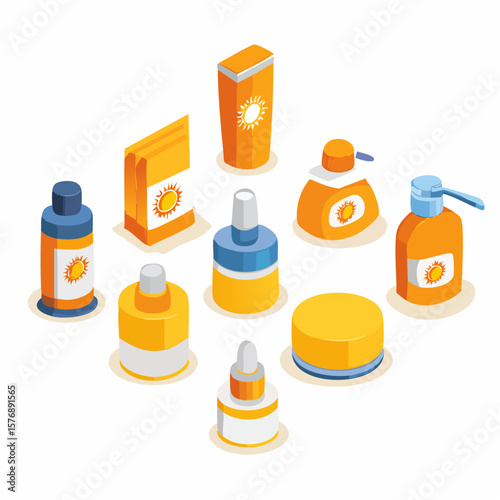 Isometric Flat icon set of Sun Protection Essentials