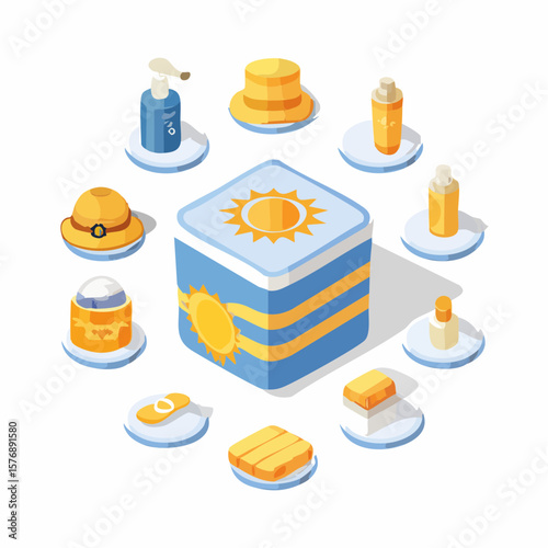 Isometric Flat icon set of Sun Protection Essentials