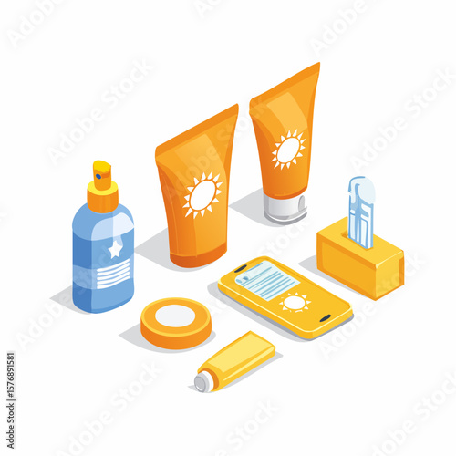 Isometric Flat icon set of Sun Protection Essentials
