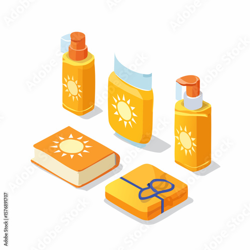 Isometric Flat icon set of Sun Protection Essentials