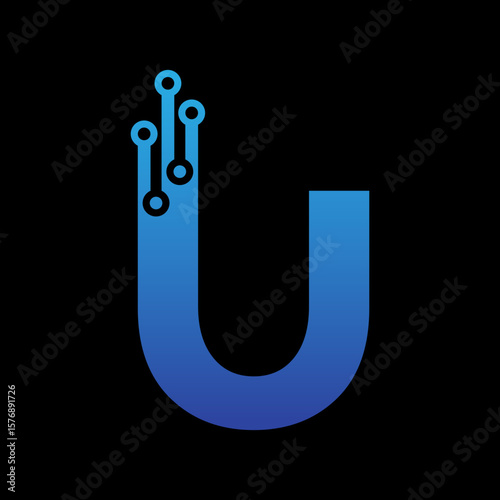 Stylized blue letter U features a tech circuit design, ideal for a modern logo or digital brand with innovative technology focus.