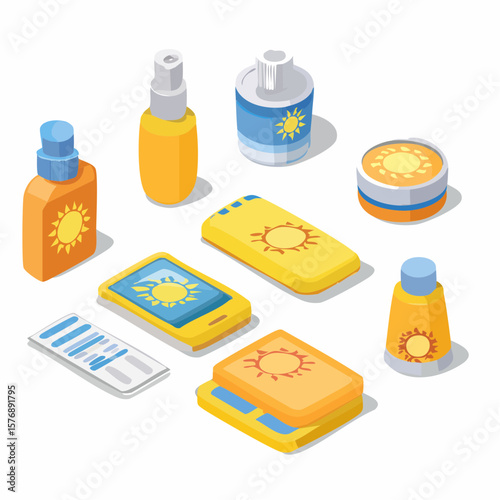 Isometric Flat icon set of Sun Protection Essentials