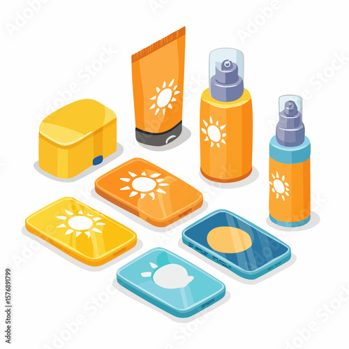 Isometric Flat icon set of Sun Protection Essentials