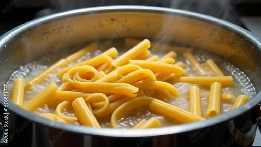 Boiling rigatoni in a steel pot creates a delicious Italian dish with steam and bubbles showing the cooking process.