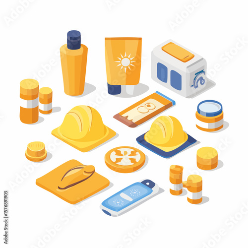 Isometric Flat icon set of Sun Protection Essentials