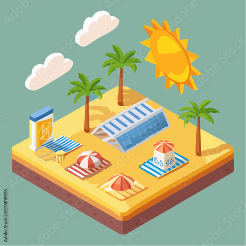 Isometric Flat icon set of Sun Protection Essentials