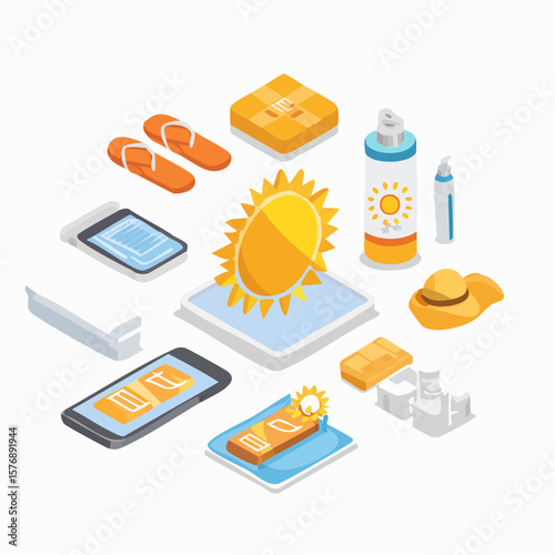 Isometric Flat icon set of Sun Protection Essentials