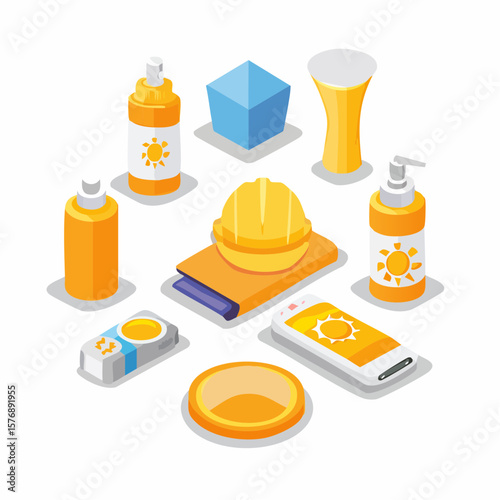 Isometric Flat icon set of Sun Protection Essentials