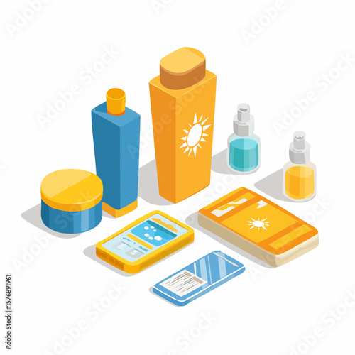 Isometric Flat icon set of Sun Protection Essentials
