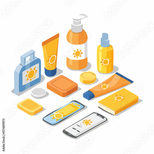 Isometric Flat icon set of Sun Protection Essentials