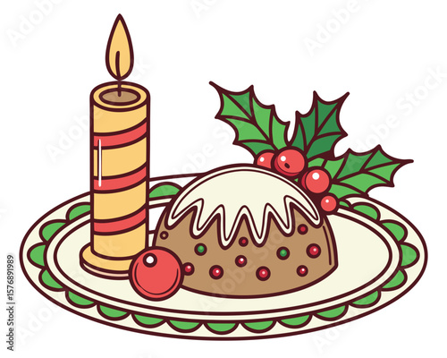 Festive christmas pudding with candle and holly sprigs on a decorative plate illustration.