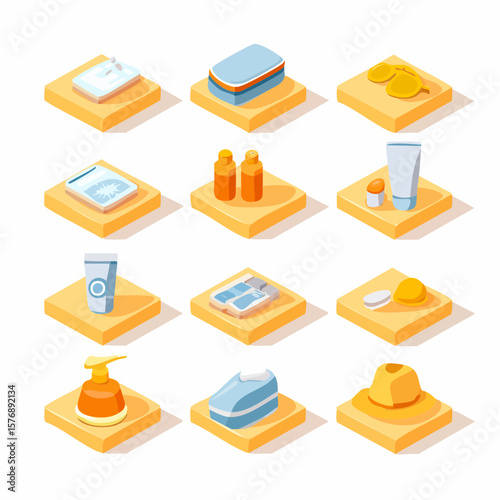 Isometric Flat icon set of Sun Protection Essentials