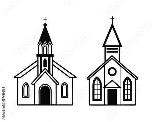 Black and white vector illustration of two detailed church buildings with crosses on their roofs.