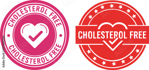Cholesterol Free signs, pink and red heart with check mark, on white background